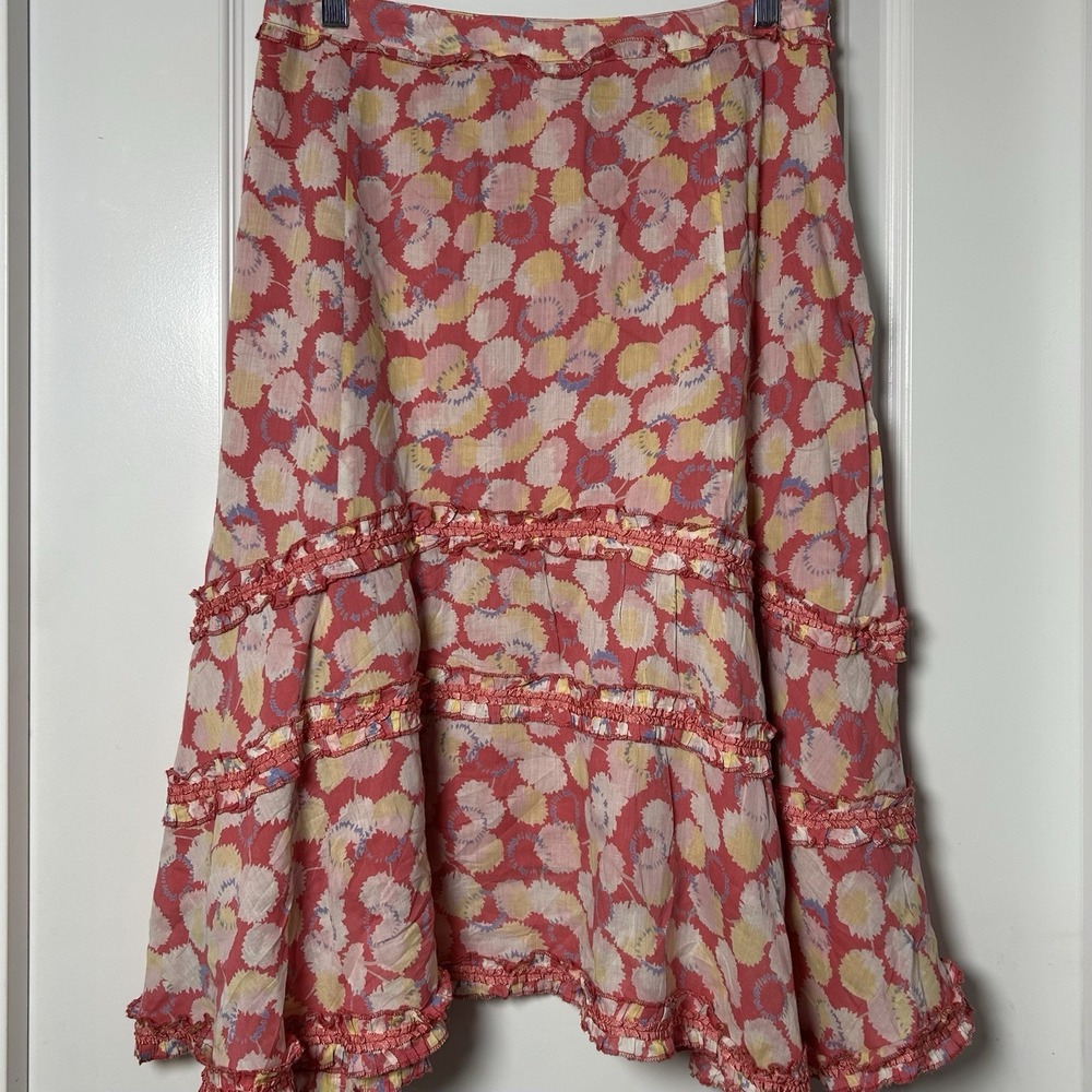Persaman New York Vintage Y2K 2000s 100% Cotton Pink Floral Tiered Ruffle Skirt